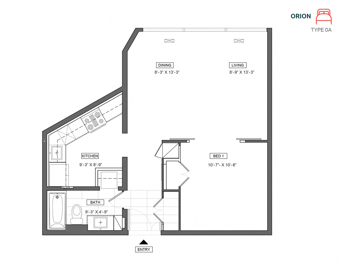 Floor plan for studio, 1 bath, 548 sqft